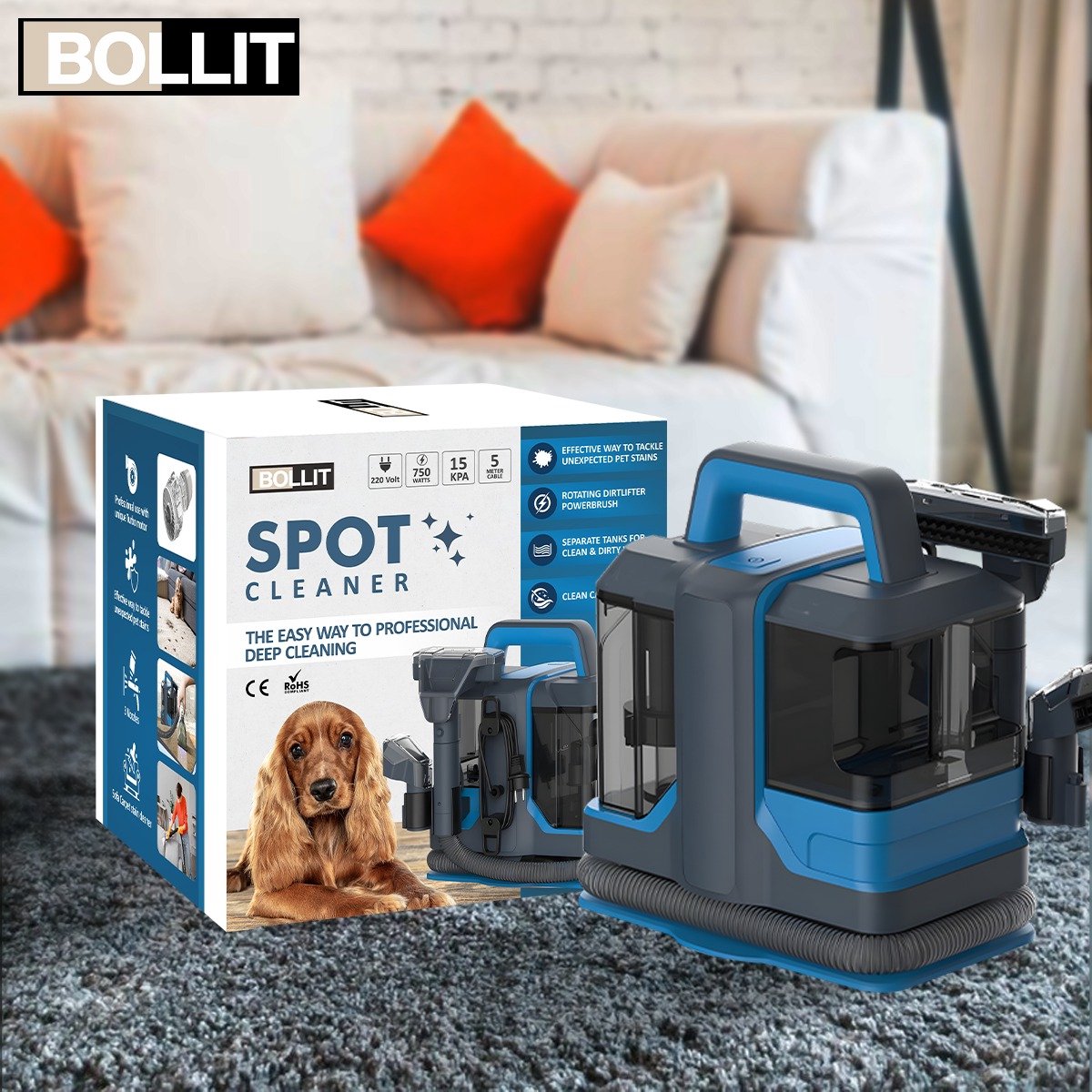 Bollit Spotcleaner 750W – Compacte Tapijtreiniger voor Hardnekkige Vlekken
