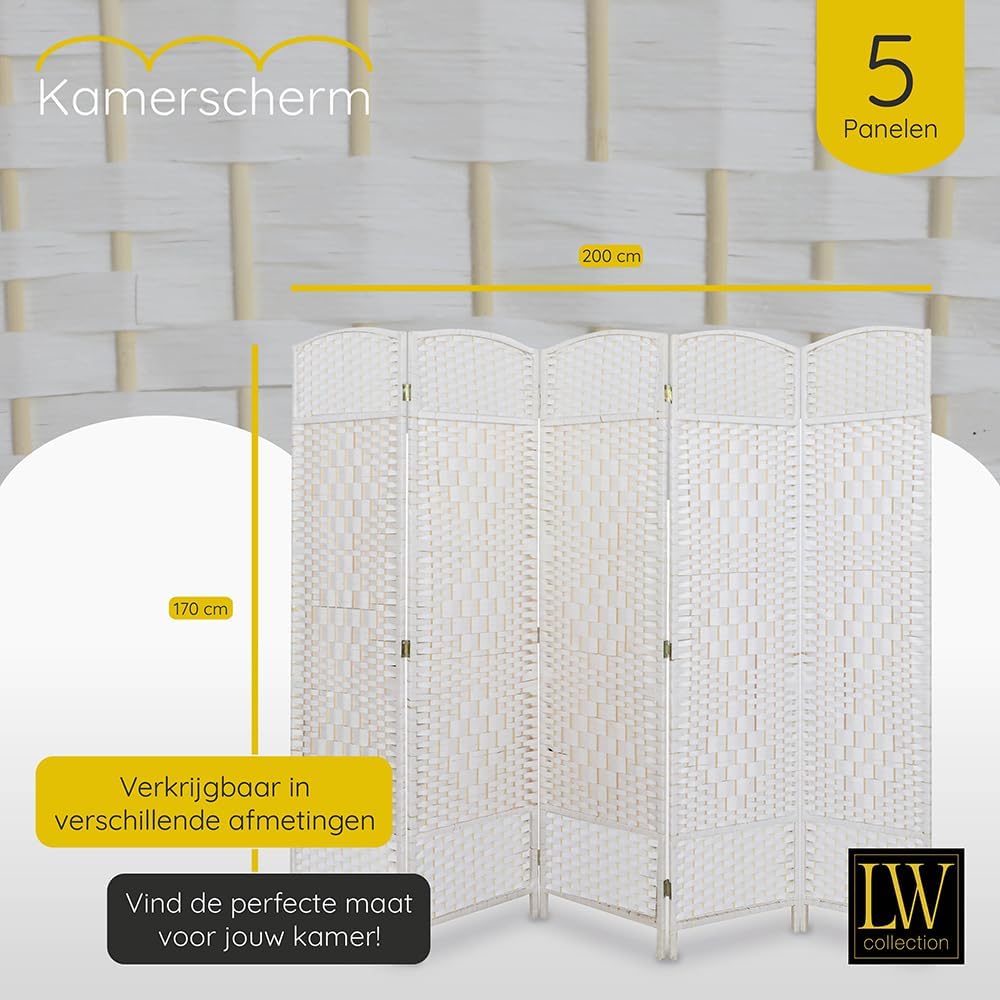 LW Collection Room Divider 5 Panelen – White Rattan 170×200 cm | Paravent