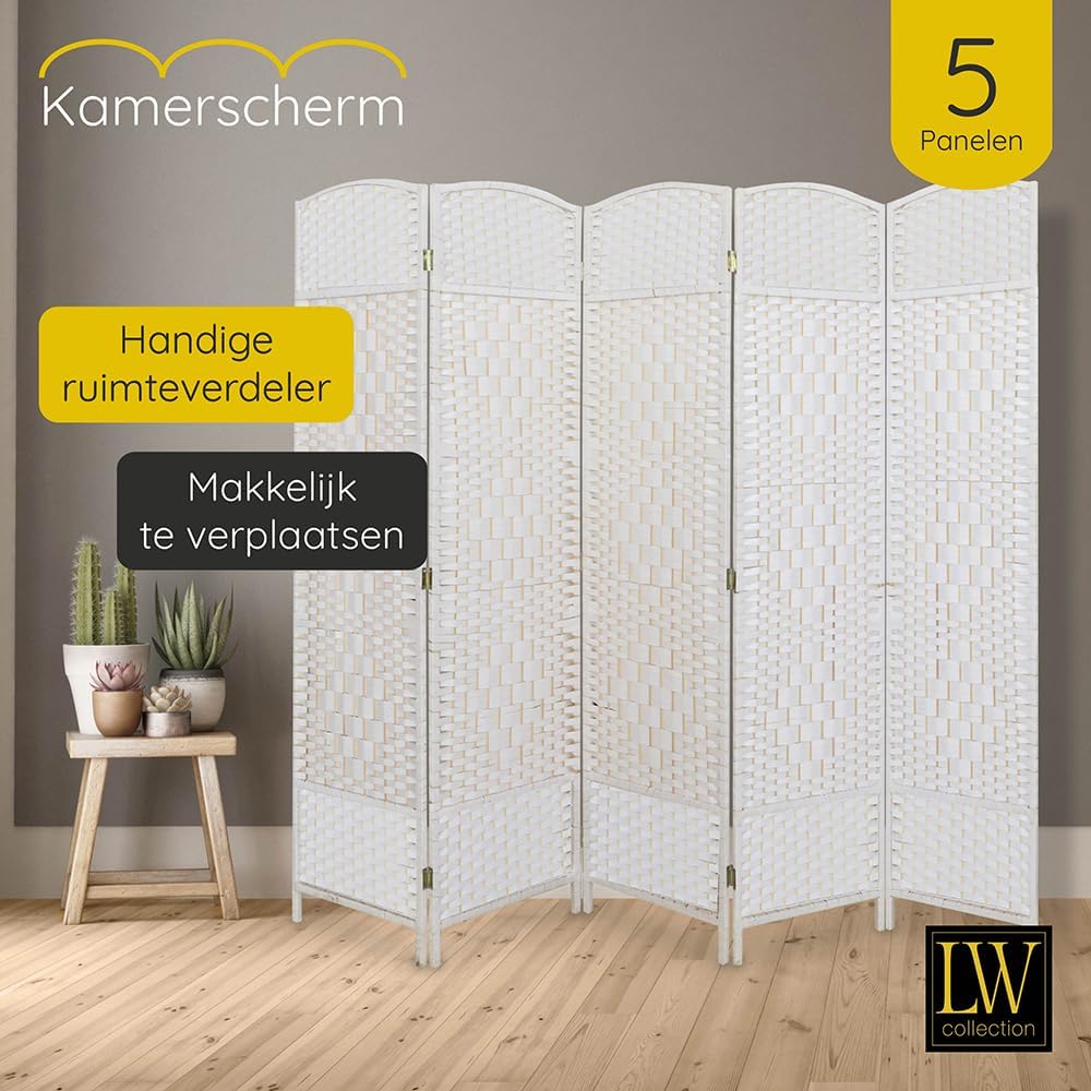 LW Collection Room Divider 5 Panelen – White Rattan 170×200 cm | Paravent