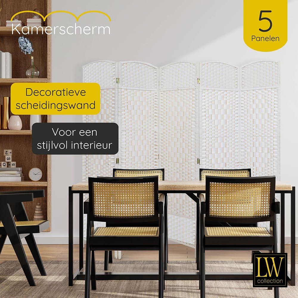 LW Collection Room Divider 5 Panelen – White Rattan 170×200 cm | Paravent