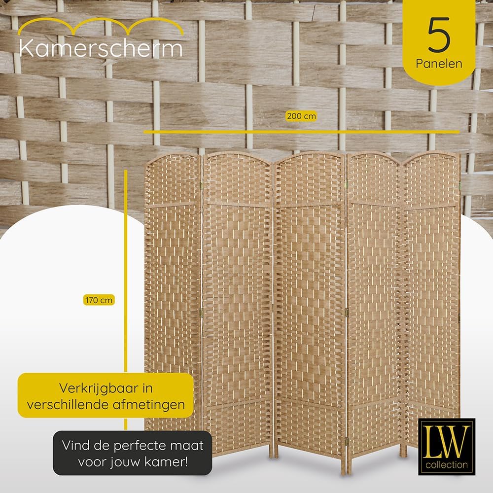 LW Collection Room Divider 5 Panelen – Brown Rattan 170×200 cm | Paravent
