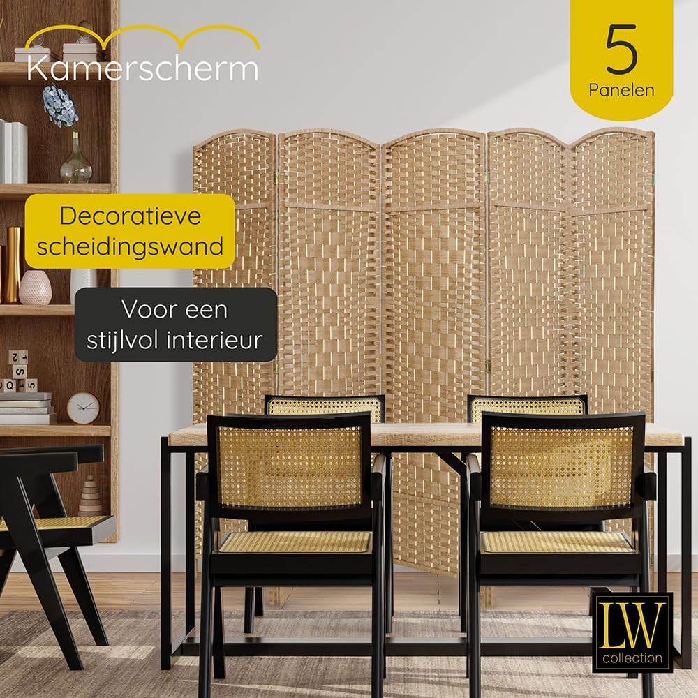 LW Collection Room Divider 5 Panelen – Brown Rattan 170×200 cm | Paravent