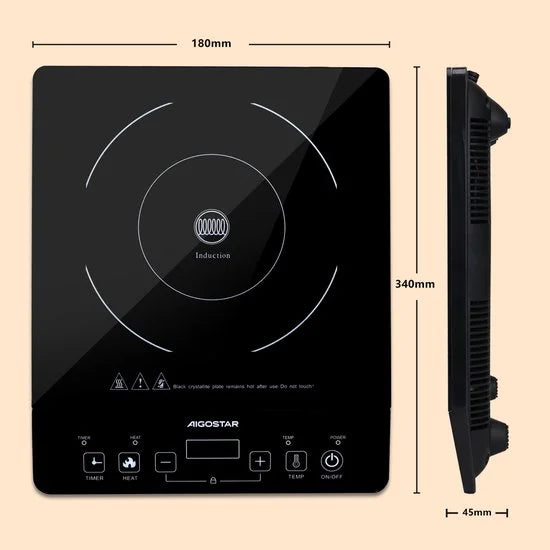 Aigostar Flame 30AV9 - Elektrische Kookplaat - Inductie Kookplaat vrijstaand - 2000 Watt - Touch control