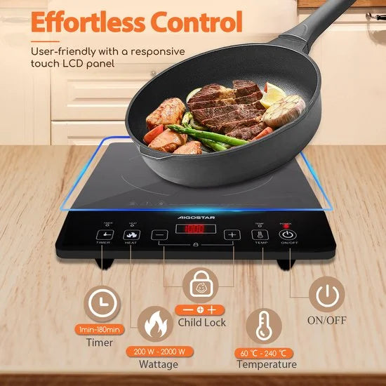 Aigostar Flame 30AV9 - Elektrische Kookplaat - Inductie Kookplaat vrijstaand - 2000 Watt - Touch control