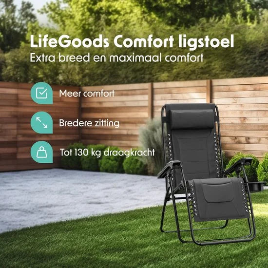 Ligstoel Comfort - Opvouwbaar - 30°-90° Verstelbaar - Beker en Telefoonhouder - Tuinstoel - Zwart
