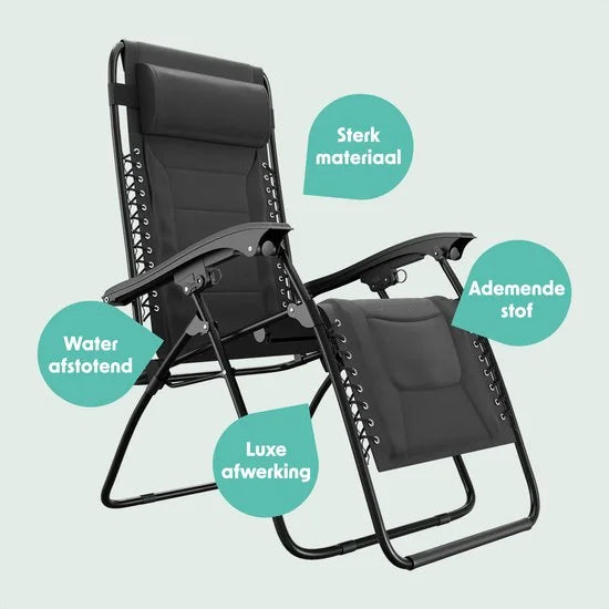 Ligstoel Comfort - Opvouwbaar - 30°-90° Verstelbaar - Beker en Telefoonhouder - Tuinstoel - Zwart