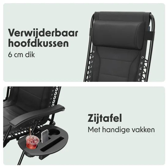 Ligstoel Comfort - Opvouwbaar - 30°-90° Verstelbaar - Beker en Telefoonhouder - Tuinstoel - Zwart