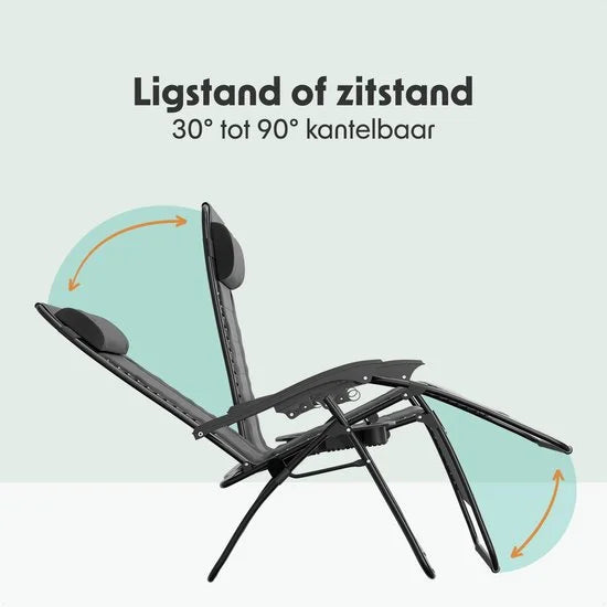 Ligstoel Comfort - Opvouwbaar - 30°-90° Verstelbaar - Beker en Telefoonhouder - Tuinstoel - Zwart