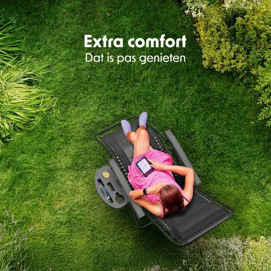 Ligstoel Comfort - Opvouwbaar - 30°-90° Verstelbaar - Beker en Telefoonhouder - Tuinstoel - Zwart