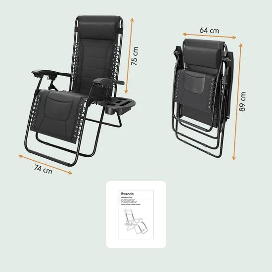 Ligstoel Comfort - Opvouwbaar - 30°-90° Verstelbaar - Beker en Telefoonhouder - Tuinstoel - Zwart