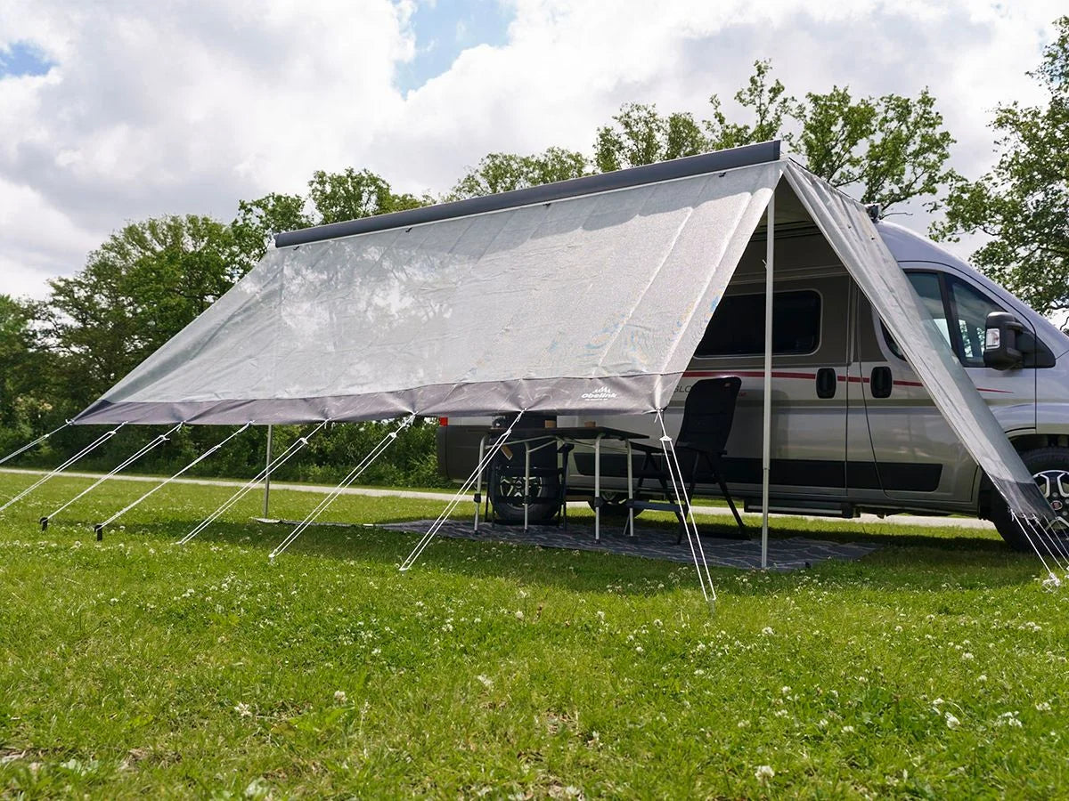 schaduwdoek xl transparante voorwand 380x190cm mesh 230g/m3 incl, draagtas, haringen en scheerlijnen