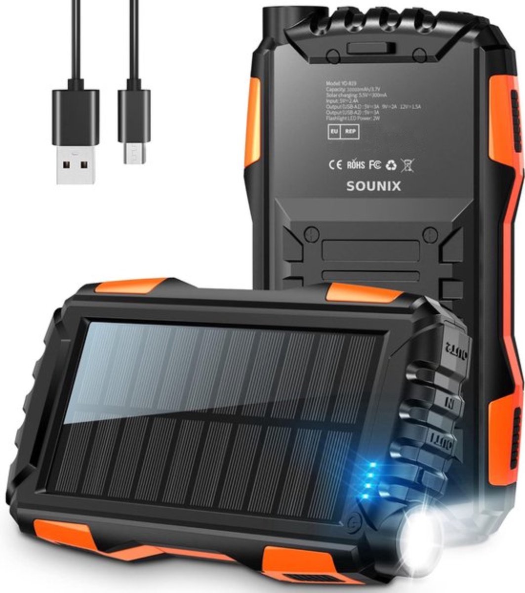 Sounix YD-819E Outdoor Solar Powerbank – 20.000mAh | Zonnepaneel, Zaklamp & Kompas | Voor Camping, Reizen & Noodgebruik