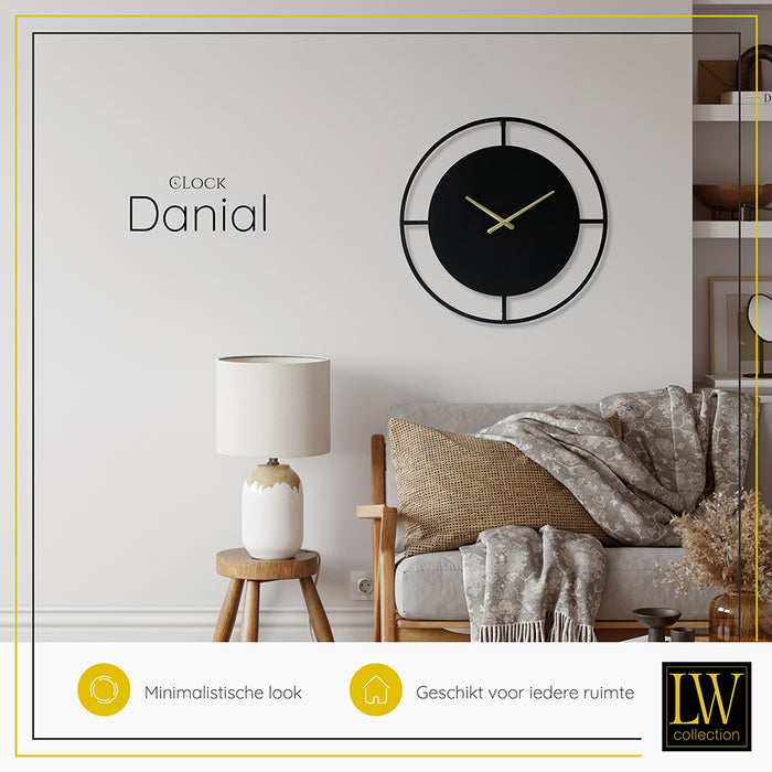LW Collection Wandklok Danial – Zwarte Industriële Klok van 60 cm | Stijlvolle Eyecatcher voor Elk Interieur