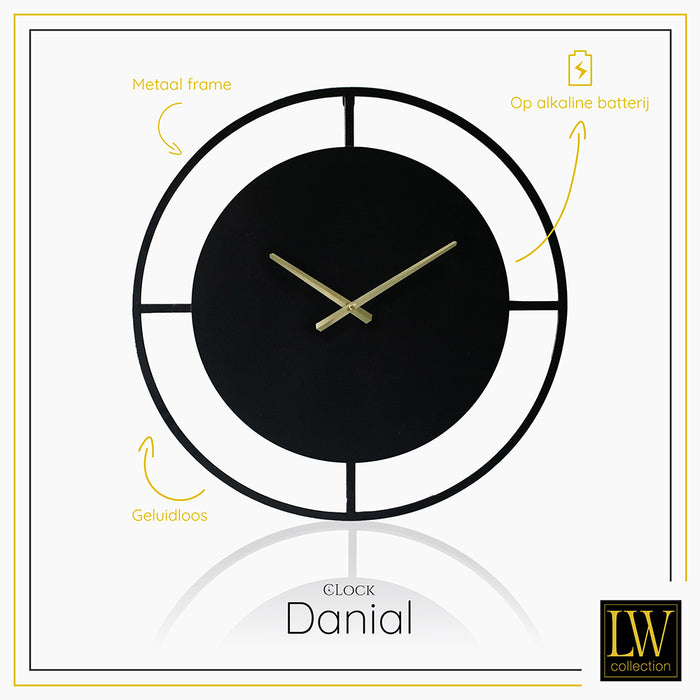 LW Collection Wandklok Danial – Zwarte Industriële Klok van 60 cm | Stijlvolle Eyecatcher voor Elk Interieur