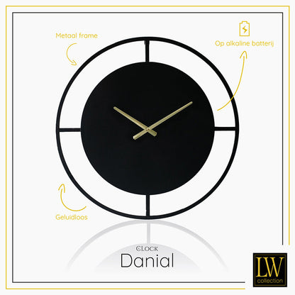 LW Collection Wandklok Danial – Zwarte Industriële Klok van 60 cm | Stijlvolle Eyecatcher voor Elk Interieur
