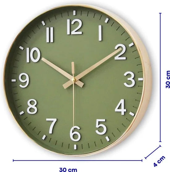 Tyme Wandklok 30cm Klok modern – Analoog – Stil Uurwerk – Muurklok – Quartz – Groen Goud