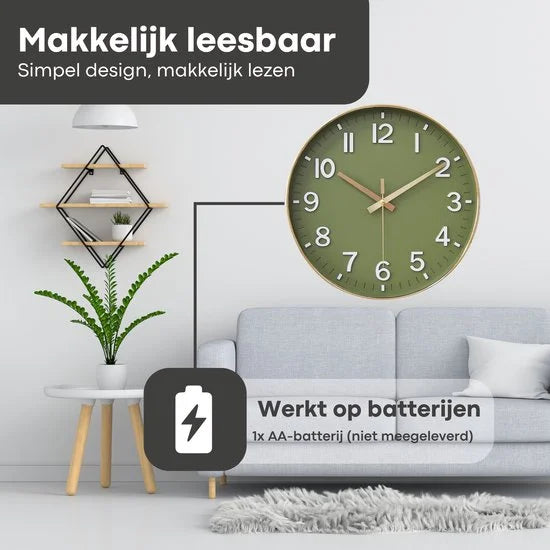 Tyme Wandklok 30cm Klok modern – Analoog – Stil Uurwerk – Muurklok – Quartz – Groen Goud