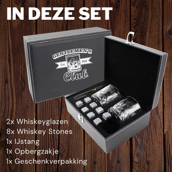 Whiskey glazen - Whiskey set – 2 glazen - 8 Whiskey Stones - Whiskey Gift Set - Cadeau voor Man - Cadeau voor Vrouw - Herbruikbare IJsblokjes