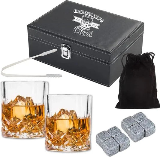 Whiskey glazen - Whiskey set – 2 glazen - 8 Whiskey Stones - Whiskey Gift Set - Cadeau voor Man - Cadeau voor Vrouw - Herbruikbare IJsblokjes