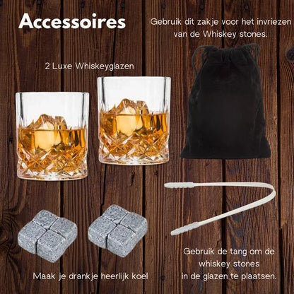 Whiskey glazen - Whiskey set – 2 glazen - 8 Whiskey Stones - Whiskey Gift Set - Cadeau voor Man - Cadeau voor Vrouw - Herbruikbare IJsblokjes