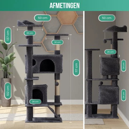 Avalo Krabpaal Voor Katten Met 7 Niveaus - 137x50x50 CM - Donkergrijs - Krabpaal Voor Grote Katten