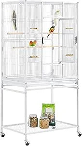 Vogelkooi volière met deur en wielen, vogelhuisje voor nymphensittich, papegaaien wit metaal kunstof