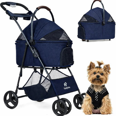 Hondenbuggy met bekerhouder, opbergmand, ademend gaas, dierenvervoerbox