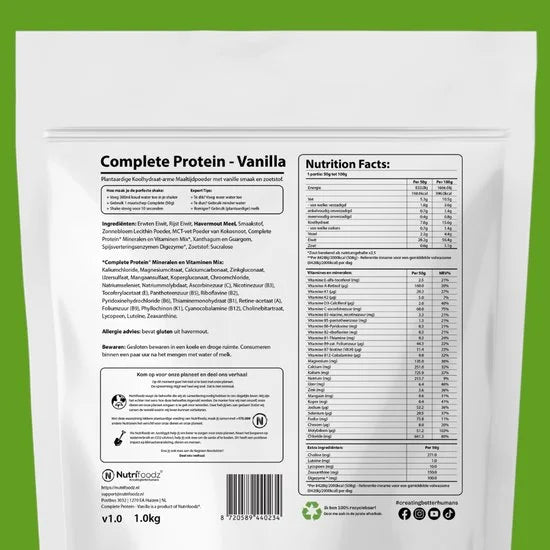 Nutrifoodz - Eiwitpoeder Vegan - Complete Protein - Vegan Eiwitshake - Vanillesmaak - 20 maaltijden - Maaltijdshake – Essentiële vitamines en mineralen