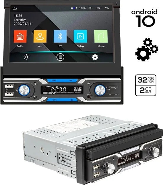 Boscer 1Din Autoradio - Android 10 - Navigatiesysteem - 7' HD Gemotoriseerd klapscherm - 2+32GB - USB, Aux, Bluetooth, WIFI - Achteruitrijcamera
