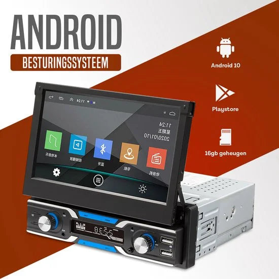 Boscer 1Din Autoradio - Android 10 - Navigatiesysteem - 7' HD Gemotoriseerd klapscherm - 2+32GB - USB, Aux, Bluetooth, WIFI - Achteruitrijcamera