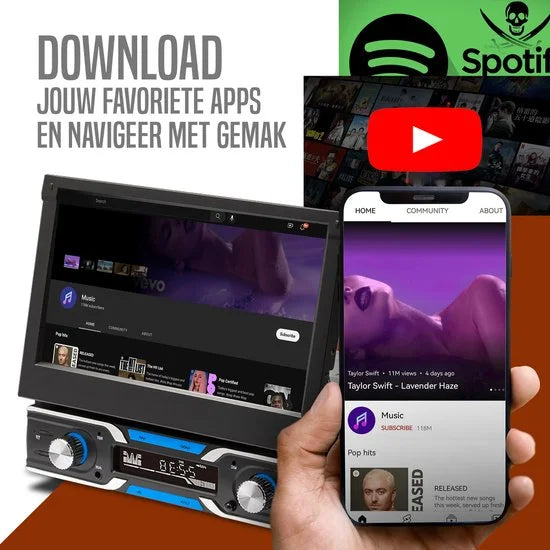 Boscer 1Din Autoradio - Android 10 - Navigatiesysteem - 7' HD Gemotoriseerd klapscherm - 2+32GB - USB, Aux, Bluetooth, WIFI - Achteruitrijcamera