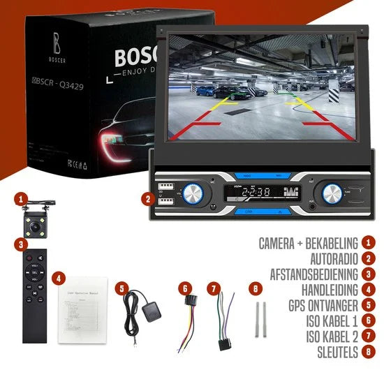 Boscer 1Din Autoradio - Android 10 - Navigatiesysteem - 7' HD Gemotoriseerd klapscherm - 2+32GB - USB, Aux, Bluetooth, WIFI - Achteruitrijcamera