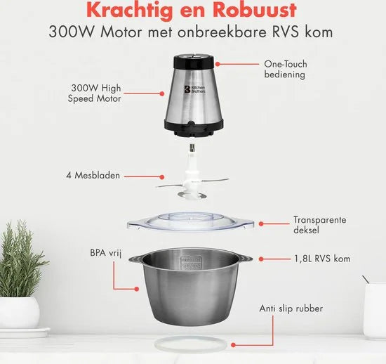 KitchenBrothers Hakmolen - 300W - 1,8 L - RVS Kom - Food Chopper - Hakmolen Elektrisch - 2 Snelheden - RVS