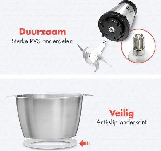 KitchenBrothers Hakmolen - 300W - 1,8 L - RVS Kom - Food Chopper - Hakmolen Elektrisch - 2 Snelheden - RVS