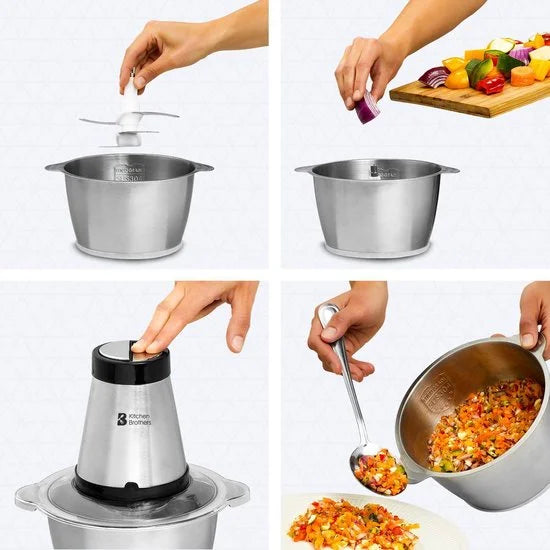 KitchenBrothers Hakmolen - 300W - 1,8 L - RVS Kom - Food Chopper - Hakmolen Elektrisch - 2 Snelheden - RVS