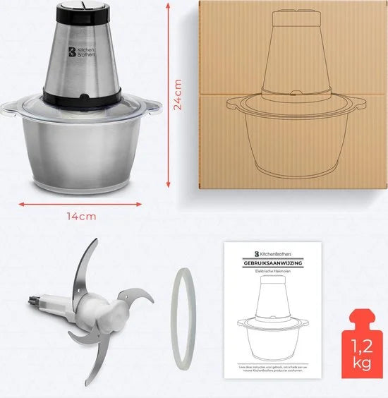 KitchenBrothers Hakmolen - 300W - 1,8 L - RVS Kom - Food Chopper - Hakmolen Elektrisch - 2 Snelheden - RVS