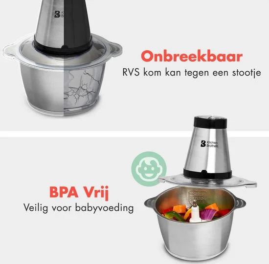 KitchenBrothers Hakmolen - 300W - 1,8 L - RVS Kom - Food Chopper - Hakmolen Elektrisch - 2 Snelheden - RVS