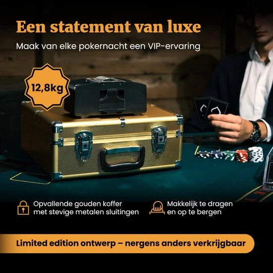 Golden Pokerset 600 Chips - Kaartschudmachine & Pokermat - Pokerkoffer met Kaarten - Pokerkleed - Poker