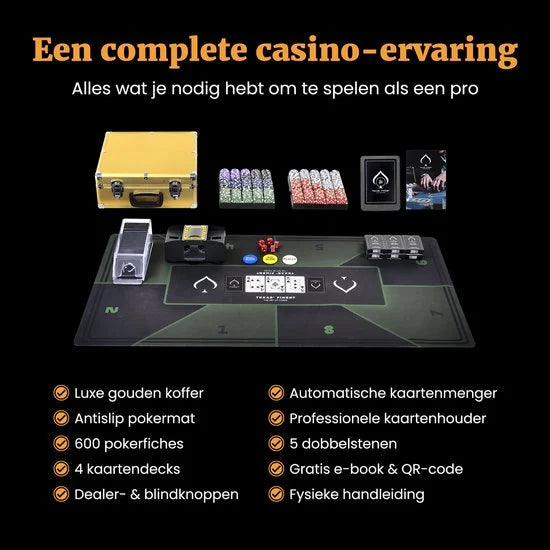 Golden Pokerset 600 Chips - Kaartschudmachine & Pokermat - Pokerkoffer met Kaarten - Pokerkleed - Poker