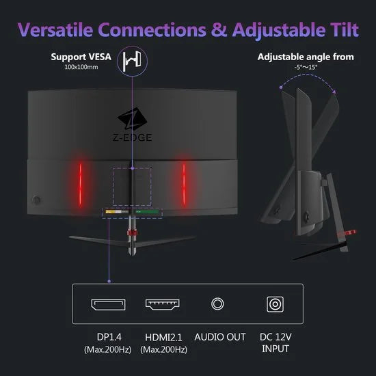 UG27 Curved Gaming Monitor - FHD 1920x1080P - 27 Inch- 200Hz - MPRT 1ms - HDMI 2.0 & DisplayPort 1.4 - Zwart