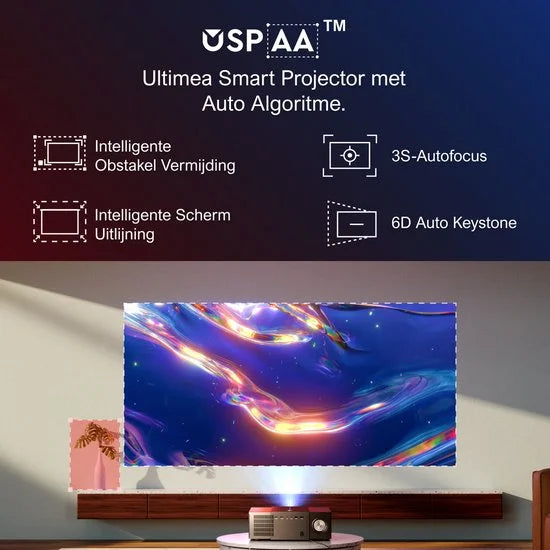Smart Beamer - Projector - met Autofocus, 6D Keystone, 900 ANSI Lumen, Native 1080P Full HD, 30W Speaker, WiFi 6 & Bluetooth Projector - Zwart