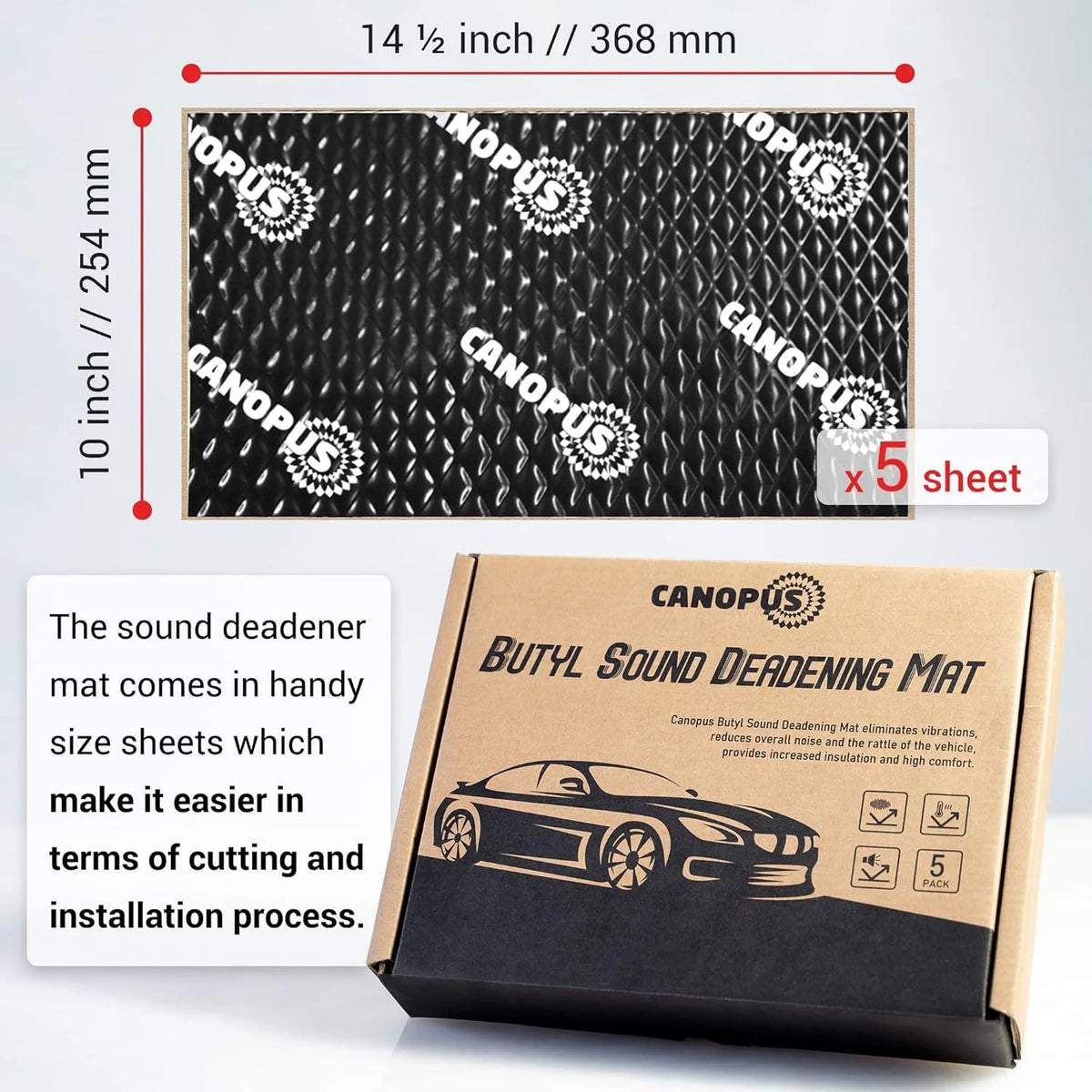 CANOPUS Car Sound Deadening Mat  80 mil 5 sqft  Pack of 5 Sheets  Butyl Sound Deadener Mat  Audio Car Sound Dampening Material for Car Trunk  Door  Floor and Ceiling  Black