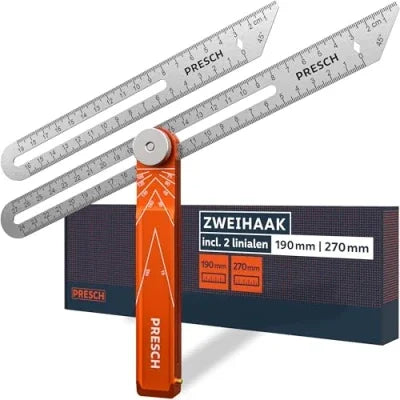 Zweihaak incl. extra Liniaal 190mm & 270mm Uiterst precieze hoekoverdracht met markeermaat functie uit precisie gefreesd aluminium en roestvrij staal