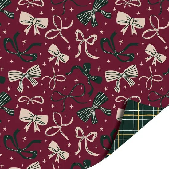Inpakpapier - Cadeaupapier - Kadopapier - X-mas Bows Burgundy / Kerstruit Groen - 30cmx100m - Rol inpakpapier - Kerst - Strikjes - Kerstboom - Kerstdagen