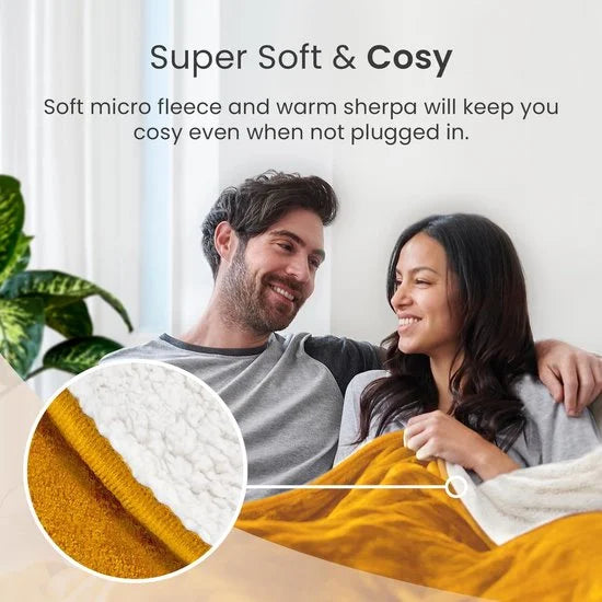 Elektrische Deken – Luxe Fleece en Sherpa Wol - 180 x 130 cm Warmtedeken met 10 Warmtestanden, 10-Uurs Timer en Oververhittingsbeveiliging – Machinewasbaar – Mosterd