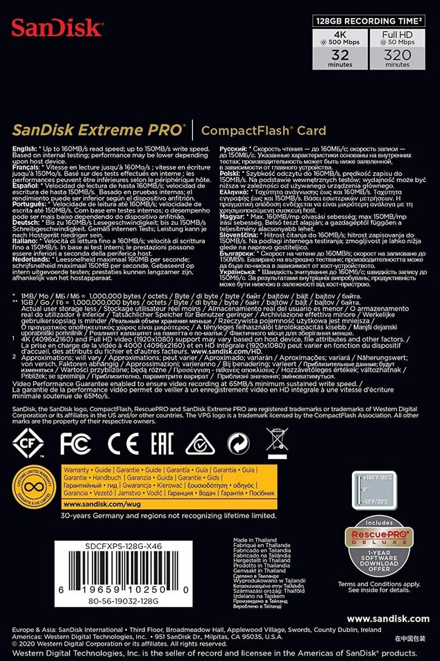 Extreme PRO CompactFlash-Geheugenkaart 128 GB (Overdrachtssnelheden Tot 160 MB/s Lezen En 150 MB/s Schrijven, VPG-65, RescuePRO Deluxe) Zwart
