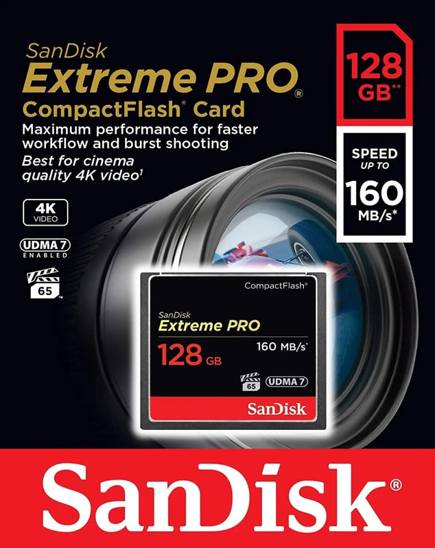 Extreme PRO CompactFlash-Geheugenkaart 128 GB (Overdrachtssnelheden Tot 160 MB/s Lezen En 150 MB/s Schrijven, VPG-65, RescuePRO Deluxe) Zwart