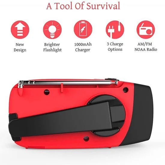 Rode Noodradio - Noodradio Opwindbaar - Noodradio op zonne-energie - fm noodradio - Dynamo Radio - radio - fm radio - powerbank noodradio - radio met zaklamp