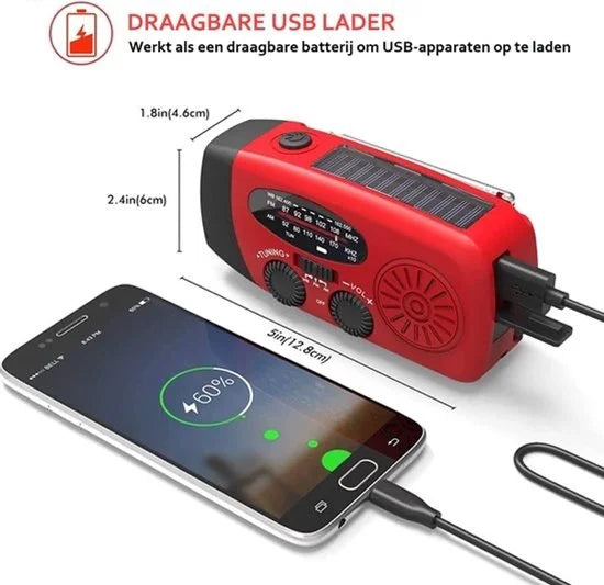 Rode Noodradio - Noodradio Opwindbaar - Noodradio op zonne-energie - fm noodradio - Dynamo Radio - radio - fm radio - powerbank noodradio - radio met zaklamp