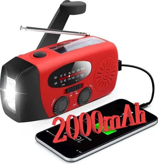 Rode Noodradio - Noodradio Opwindbaar - Noodradio op zonne-energie - fm noodradio - Dynamo Radio - radio - fm radio - powerbank noodradio - radio met zaklamp